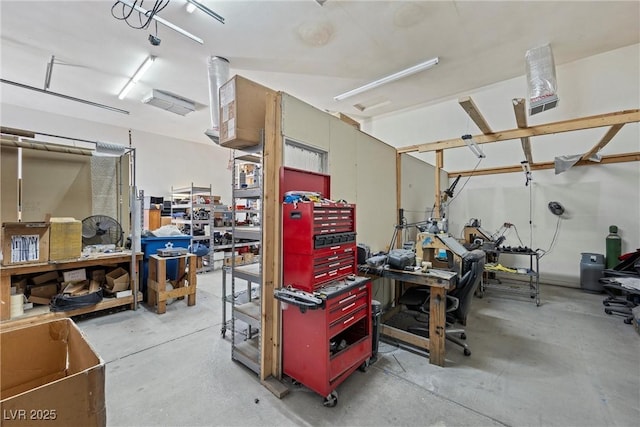 garage featuring a workshop area