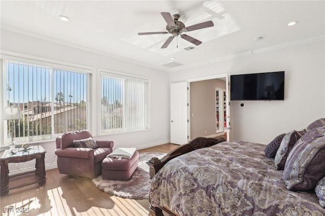2338 Dolphin Ct, Henderson, NV 89074 - bedroom featuring wood finished floors, ornamental molding, ceiling fan, and recessed lighting