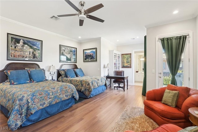 2338 Dolphin Ct, Henderson, NV 89074 - bedroom featuring wood finished floors, recessed lighting, ornamental molding, access to exterior, and ceiling fan