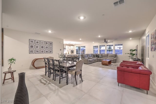 dining area featuring visible vents, recessed lighting, and light tile patterned flooring