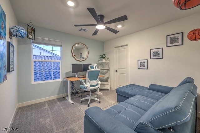 office with visible vents, baseboards, ceiling fan, recessed lighting, and carpet flooring