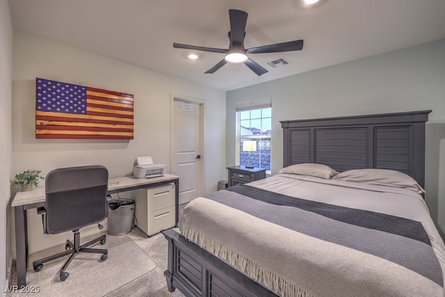 bedroom with recessed lighting, visible vents, light colored carpet, and ceiling fan