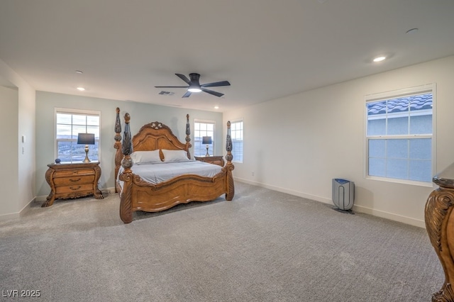 carpeted bedroom with baseboards, a ceiling fan, visible vents, and recessed lighting