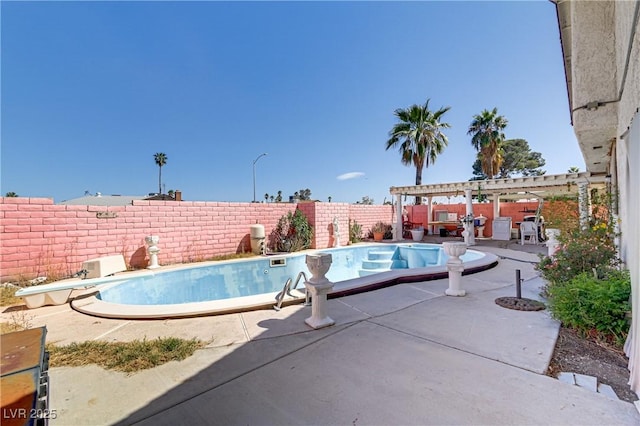 view of pool featuring a fenced in pool, a pergola, a fenced backyard, a diving board, and a patio area
