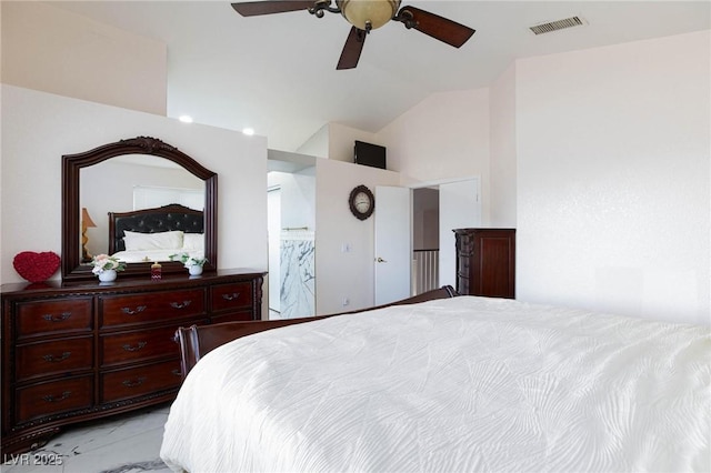 bedroom with visible vents, ceiling fan, and vaulted ceiling