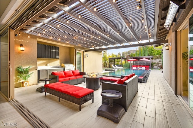 exterior space featuring area for grilling, an outdoor pool, an outdoor living space with a fire pit, a pergola, and a grill
