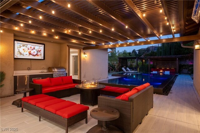 view of patio with area for grilling, an outdoor pool, an outdoor living space with a fire pit, a pergola, and a grill