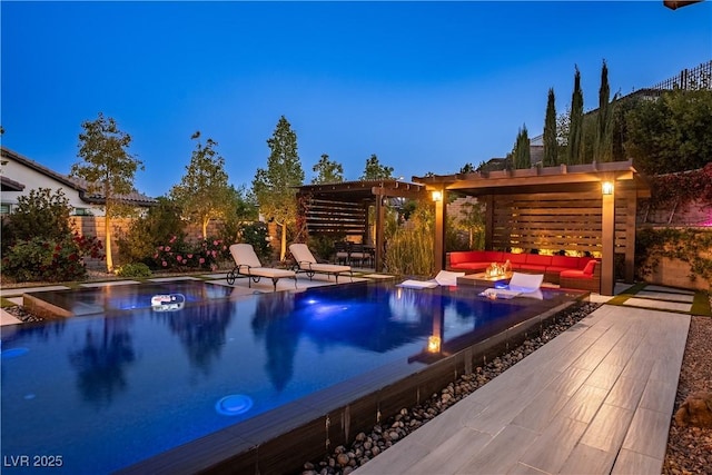 view of swimming pool with a pergola, a fenced in pool, a fire pit, and a patio area