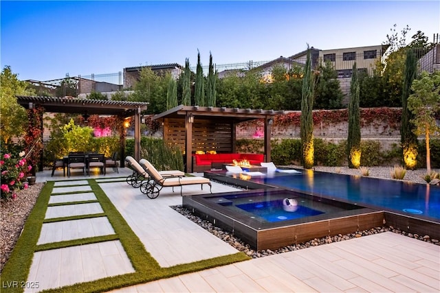 view of patio with a pergola, an in ground hot tub, an outdoor living space, and an outdoor pool