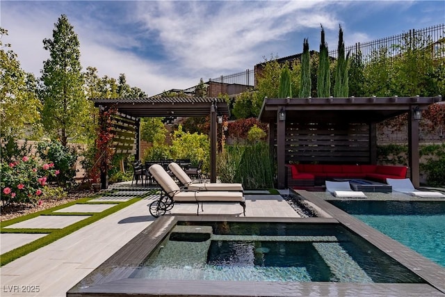 outdoor pool featuring a patio, an in ground hot tub, a pergola, and an outdoor hangout area