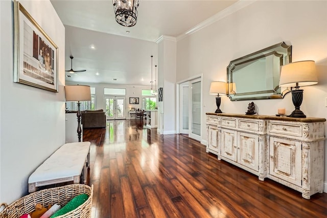 521 Dawn Cove Dr, Henderson, NV 89052 - hallway with dark wood finished floors, crown molding, and recessed lighting