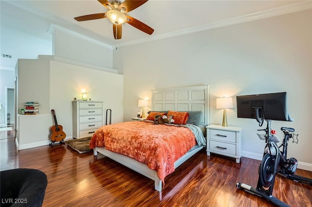 521 Dawn Cove Dr, Henderson, NV 89052 - bedroom featuring wood finished floors, crown molding, a towering ceiling, baseboards, and a ceiling fan