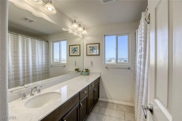 full bathroom featuring tile patterned floors, visible vents, vanity, and baseboards