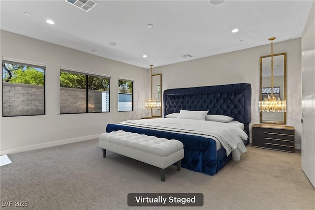 carpeted bedroom with visible vents, baseboards, multiple windows, and recessed lighting