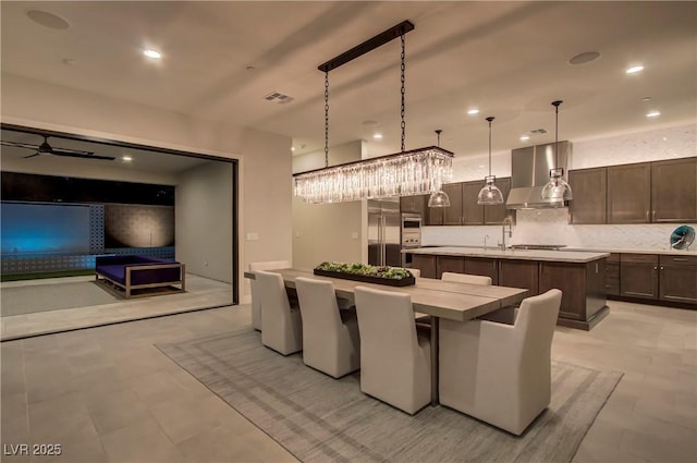 dining area featuring visible vents, ceiling fan, and recessed lighting
