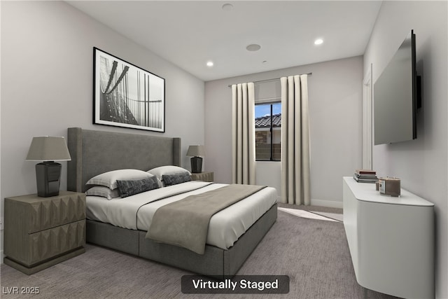 bedroom featuring recessed lighting, carpet, and baseboards