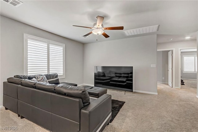 8351 Gold River Ct, Las Vegas, NV 89113 - carpeted living room featuring ceiling fan, baseboards, and visible vents