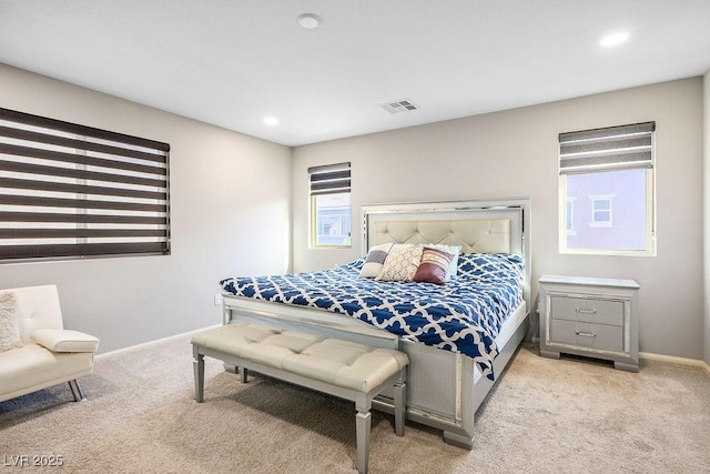 bedroom with recessed lighting, carpet flooring, visible vents, and baseboards