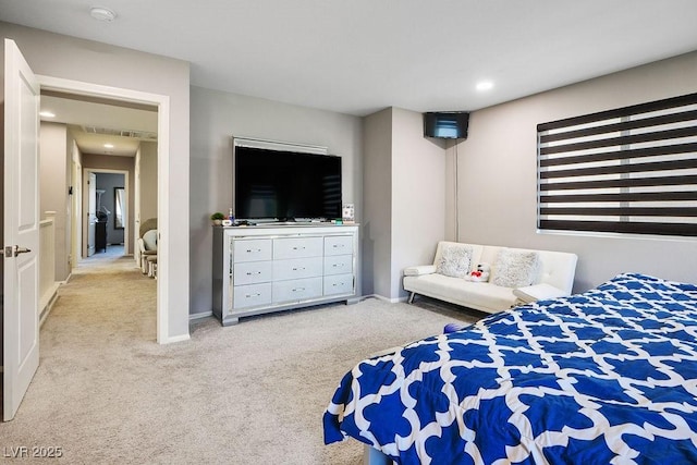 carpeted bedroom with recessed lighting and baseboards