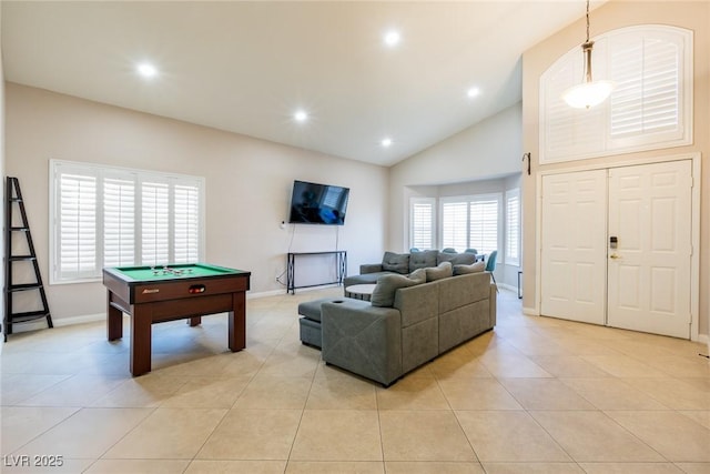 living room with baseboards, billiards, recessed lighting, light tile patterned flooring, and lofted ceiling