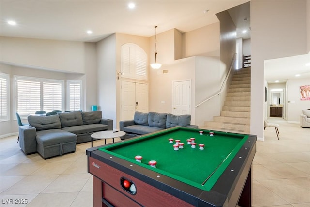 recreation room featuring pool table, baseboards, recessed lighting, light tile patterned floors, and high vaulted ceiling