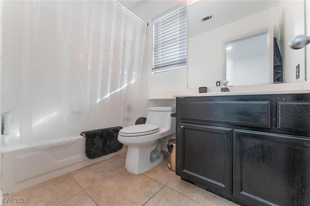full bathroom featuring shower / bath combo, visible vents, toilet, and tile patterned flooring