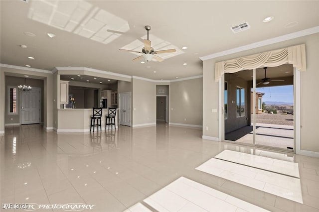 unfurnished living room featuring recessed lighting, visible vents, crown molding, and ceiling fan with notable chandelier
