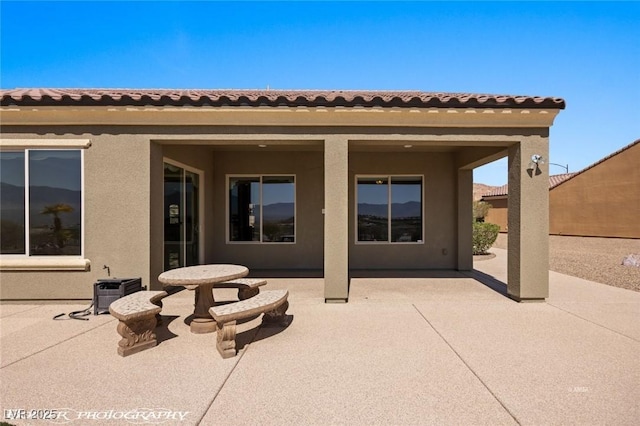 back of property with a patio and stucco siding