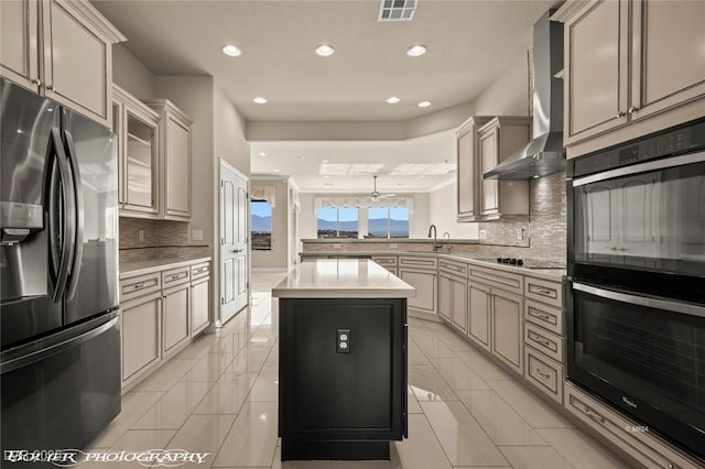 kitchen with stainless steel fridge with ice dispenser, dobule oven black, visible vents, decorative backsplash, and recessed lighting