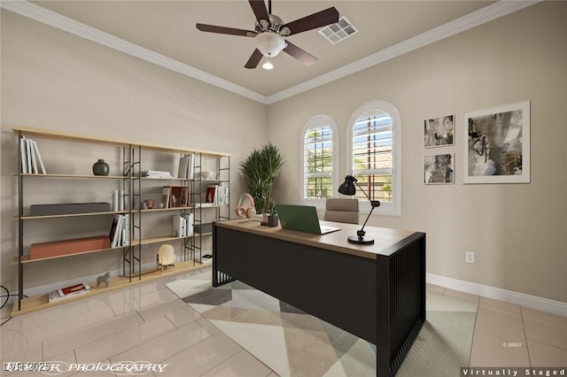 office area with a ceiling fan, baseboards, visible vents, tile patterned floors, and crown molding