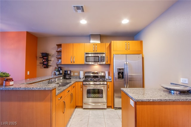 4525 Dean Martin Dr Unit 1103, Las Vegas, NV 89103 - kitchen featuring visible vents, open shelves, a peninsula, a sink, and appliances with stainless steel finishes