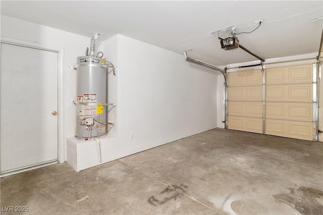garage with a garage door opener and gas water heater