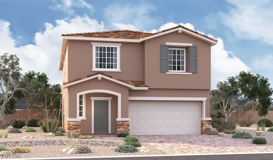 9861 Angel Valley Dr, Las Vegas, NV 89178 - traditional-style home with an attached garage, stone siding, driveway, and stucco siding