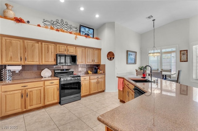4878 Friar Tuck Ave, Las Vegas, NV 89130 - kitchen featuring black appliances, a sink, high vaulted ceiling, backsplash, and light tile patterned flooring