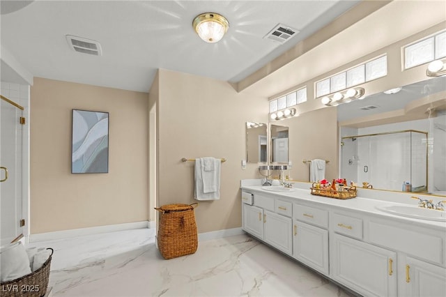1430 October Oak Ave, Las Vegas, NV 89123 - bathroom featuring a stall shower, marble finish floor, a sink, and visible vents