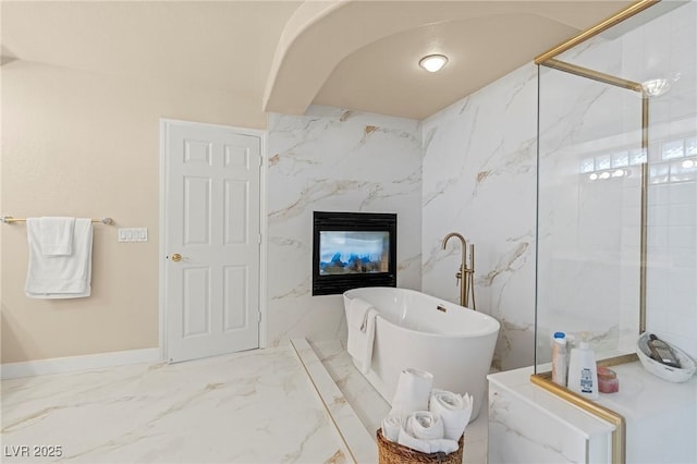 1430 October Oak Ave, Las Vegas, NV 89123 - bathroom with a marble finish shower, a freestanding bath, marble finish floor, and a high end fireplace