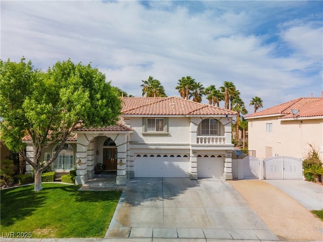 1430 October Oak Ave, Las Vegas, NV 89123 - mediterranean / spanish-style house with a tiled roof, a garage, stucco siding, a gate, and concrete driveway