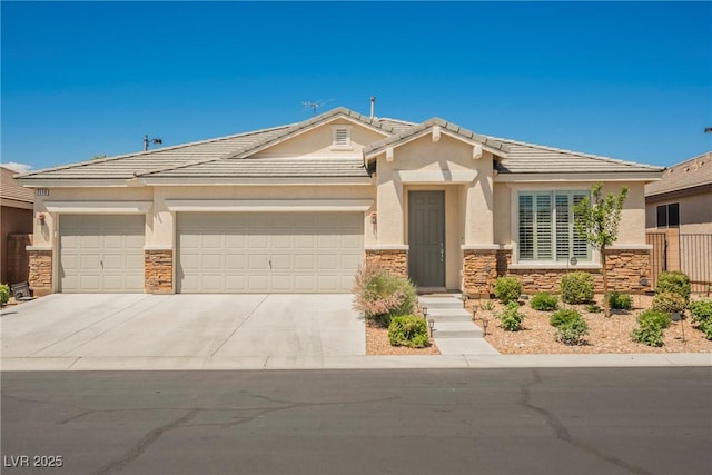7119 Saddle Back Peak St, Las Vegas, NV 89166 - view of front facade with stone siding, concrete driveway, a garage, and stucco siding