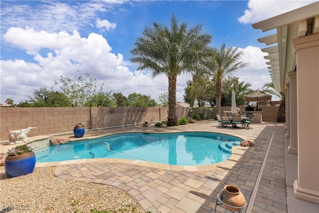 view of pool featuring a fenced in pool, a fenced backyard, a patio, and outdoor dining space
