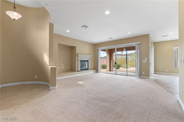 1111 Casa Palermo Cir, Henderson, NV 89011 - unfurnished living room with visible vents, baseboards, recessed lighting, and light colored carpet