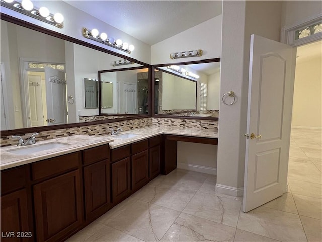 5554 Chicory Falls Ct, Las Vegas, NV 89148 - full bathroom featuring a sink, double vanity, and lofted ceiling