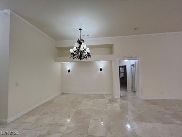 5554 Chicory Falls Ct, Las Vegas, NV 89148 - spare room with crown molding, baseboards, marble finish floor, and a chandelier