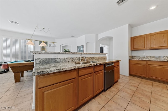 3024 Pismo Beach Dr, Las Vegas, NV 89128 - kitchen featuring a sink, black dishwasher, light tile patterned flooring, and light stone counters