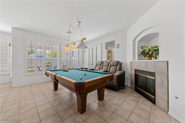 3024 Pismo Beach Dr, Las Vegas, NV 89128 - rec room featuring billiards, light tile patterned flooring, and a fireplace