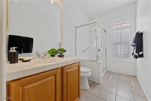 3024 Pismo Beach Dr, Las Vegas, NV 89128 - bathroom with toilet, a stall shower, vanity, and tile patterned flooring
