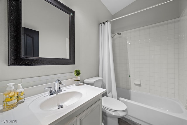 10342 Cherry Brook St, Las Vegas, NV 89183 - full bathroom with shower / tub combo, toilet, lofted ceiling, and vanity