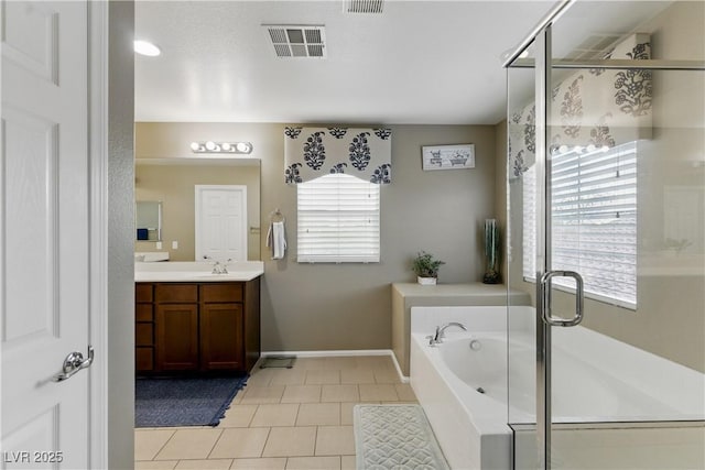 full bathroom with tile patterned flooring, vanity, a shower stall, visible vents, and a bath
