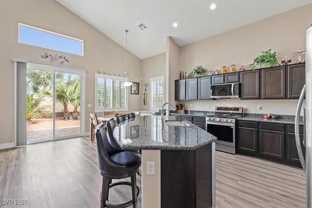 kitchen with high vaulted ceiling, a sink, stainless steel appliances, a kitchen breakfast bar, and visible vents