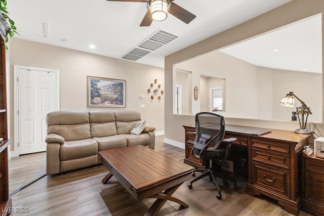 office area with a ceiling fan, baseboards, recessed lighting, and wood finished floors