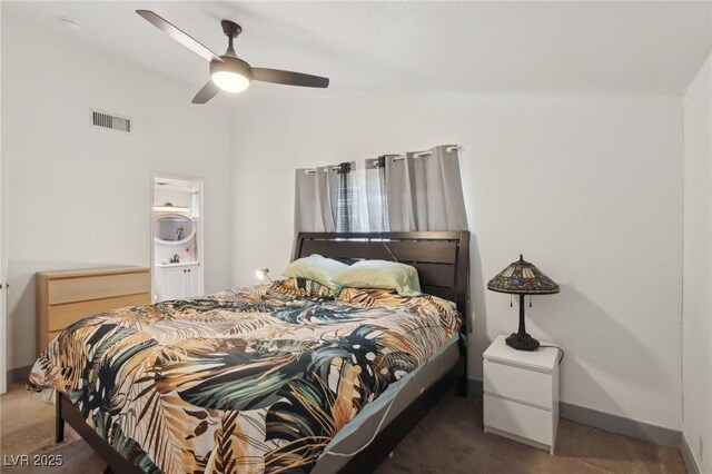 bedroom with carpet, visible vents, baseboards, and ceiling fan